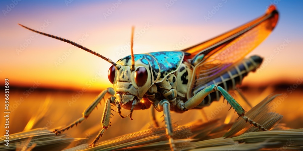 Poster a grasshopper is standing on top of a field. generative ai.