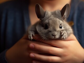 Naklejka premium A person holding a small gray chinchilla. Generative AI.