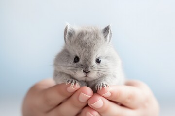 A small gray rabbit is being held in the hands. Generative AI.