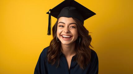 miling young woman wearing graduate cap with glasses on yellow backdrop