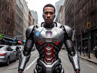 Fototapeta na wymiar Grey African American Cyborg Robot in The Middle of City Street Looking at Camera Illustration