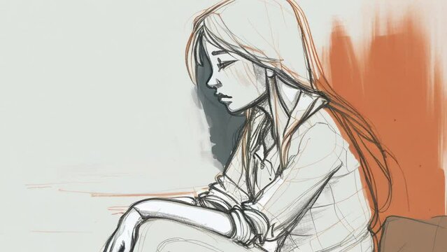 depressed woman sitting down alone while looking sorrowful. sketch animation loop.