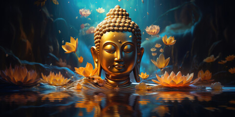 Glowing golden buddha with heaven light, decorated with flowers - obrazy, fototapety, plakaty