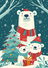 Christmas card with cute family polar bears in hats and scarves. Christmas greeting card illustration.