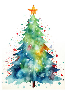 Watercolor painting of Christmas tree on white background. Christmas greeting card illustration.