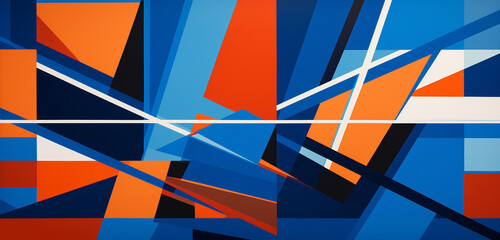 Geometric elegance takes center stage as a backdrop features dynamic blue shapes complemented by bold and vibrant orange lines, forming an intriguing and visually stimulating pattern.