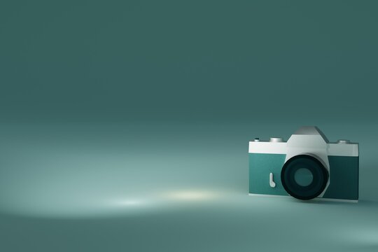 3d render of retro slr camera with pastel blue tones