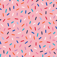 Fototapeta na wymiar Donut, sweet confetti background. Sweet cake, donut confetti texture, seamless pattern. Colorful candy topping seamless background wallpaper. Vector illustration