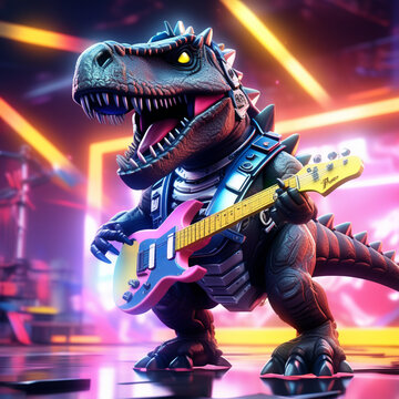 Tyrannosaurus rex is playing an electric guitar on a metal rock concert stage. 3D illustration of fantasy fiction art T-Rex Dinosaur