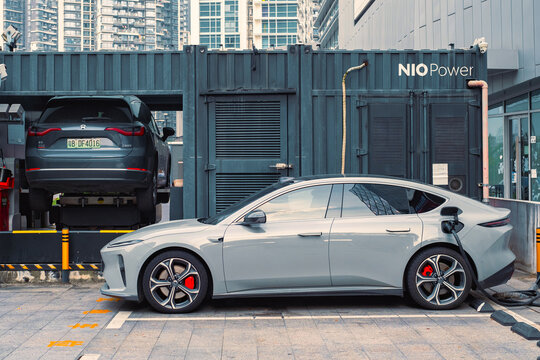 SHENZHEN, CHINA - November 30, 2023: NEO Power car charging Station fast charging for electric vehicles in the city center
