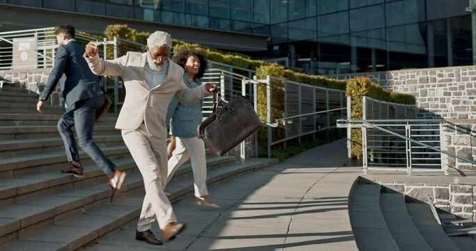 Business men, partnership and high five in city, teamwork and senior executive with dancing on stairs. Corporate employees, congratulations and friends with goals on steps with African dancer person