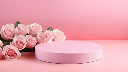 Blank podium with pink roses on pink background. Showcase for product, perfume, jewelry and cosmetic presentation