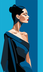 Woman in a fashionable blue couture dress in front of a simple abstract background.