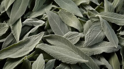 The dusty green leaves of dried sage, adorned with tiny flecks of silver, thought to channel passionate energies when mixed with other magical ingredients.