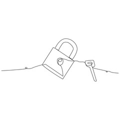 Continuous One line key lock outline vector art illustration