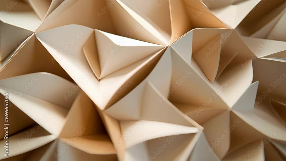 Poster a closeup of a folded origami structure, highlighting the symmetrical and geometric aspects of its d