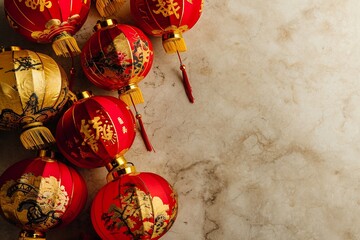 Fototapeta premium Traditional Chinese Lanterns: Red and Gold Flat Lay