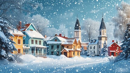 Snow-Covered Houses in a Festive Winter Wonderland