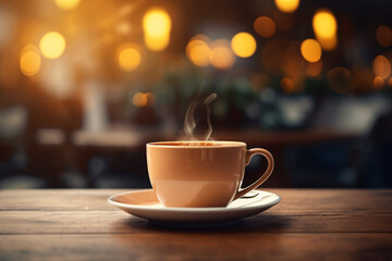 A close-up view of a steaming cup of tea or cafe. Use a high angle to capture the rising steam and experiment with a soft focus for a serene mood. Blur the background to maintain a minimalist concept. - obrazy, fototapety, plakaty
