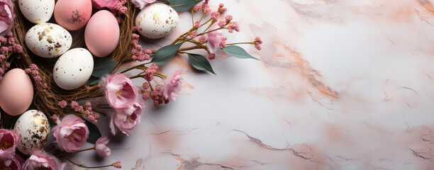 Easter eggs with spring flowers and leaves. Top flat view with pastel pink and white colors...