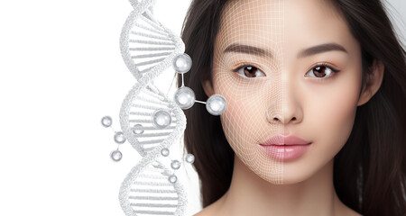 ai woman and molecule on face - obrazy, fototapety, plakaty