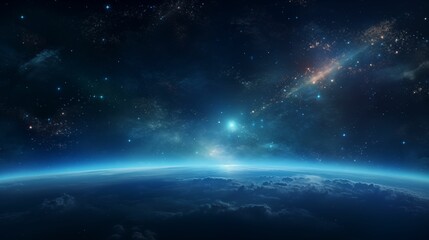 Horizon of Earth  in the universe, illuminated in the darkness of space.