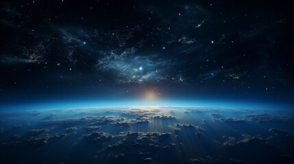 Horizon of Earth  in the universe, illuminated in the darkness of space.