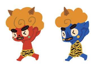 逃げる赤鬼と青鬼_手描きのイラスト
