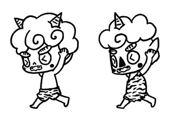 逃げる赤鬼と青鬼_手描きのイラスト_モノクロ
