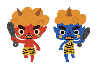 金棒を持つ赤鬼と青鬼_手描きのイラスト
