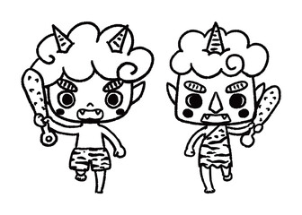 金棒を持つ赤鬼と青鬼_手描きのイラスト_モノクロ
