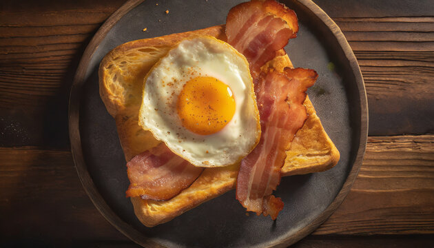 Bacon and egg, toast, breakfast, top view, close-up