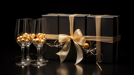 Small golden gift boxes inside champagne glasses on the black background.