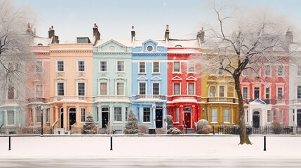 Small square with colorful residential houses   during winter. - obrazy, fototapety, plakaty