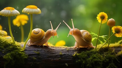 Snails macro photos on mushrooms in a tropical garden. - obrazy, fototapety, plakaty