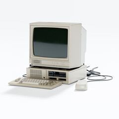old computer and mouse isolated white background.