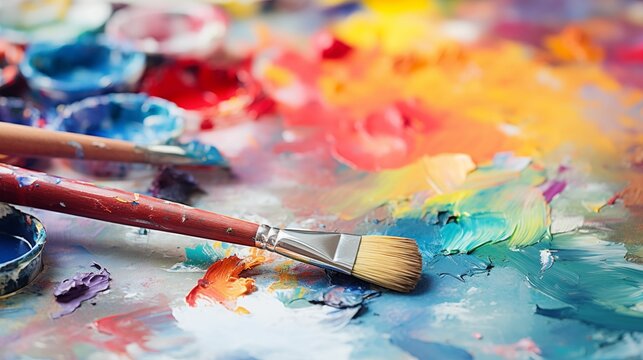 Image of a brush on a colorful palette.