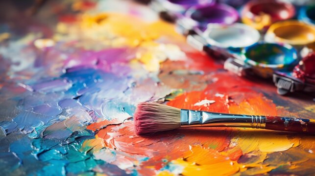 Image of a brush on a colorful palette.