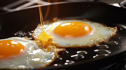some eggs are fried into sunny side up eggs in black Teflon on the stove. Frying chicken eggs using Teflon.