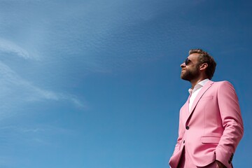 A man in a pink suit and a white shirt against the sky.