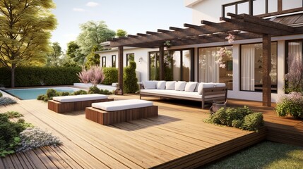 Spacious wooden deck with benches and attached pergola. - obrazy, fototapety, plakaty