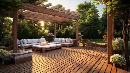 Spacious wooden deck with benches and attached pergola.