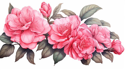 camellia flower and leaves drawing illustration watercolor - obrazy, fototapety, plakaty