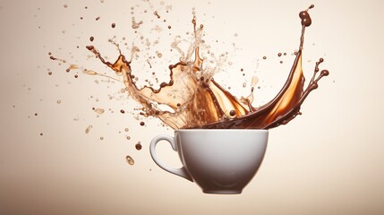splash of brown hot chocolate in white cup.