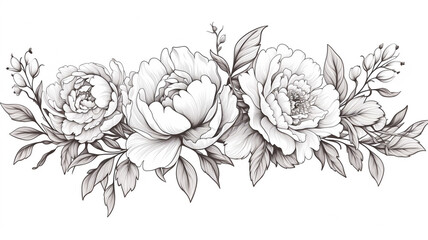 Flower vintage border. Vector peony and roses botanical