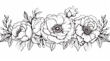 Flower vintage border. Vector peony and roses botanical illustration