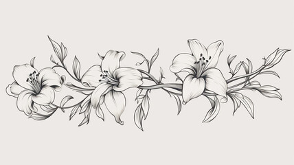 Hand drawn branches with lily isolated on background exotic design