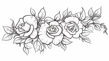 Hand-drawn linear roses and leaves floral black outline graphic design
