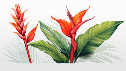 heliconia flower and leaves drawing illustration design - obrazy, fototapety, plakaty
