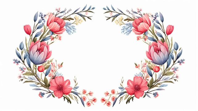 Hand drawn floral oval frame wreath on white background decor design